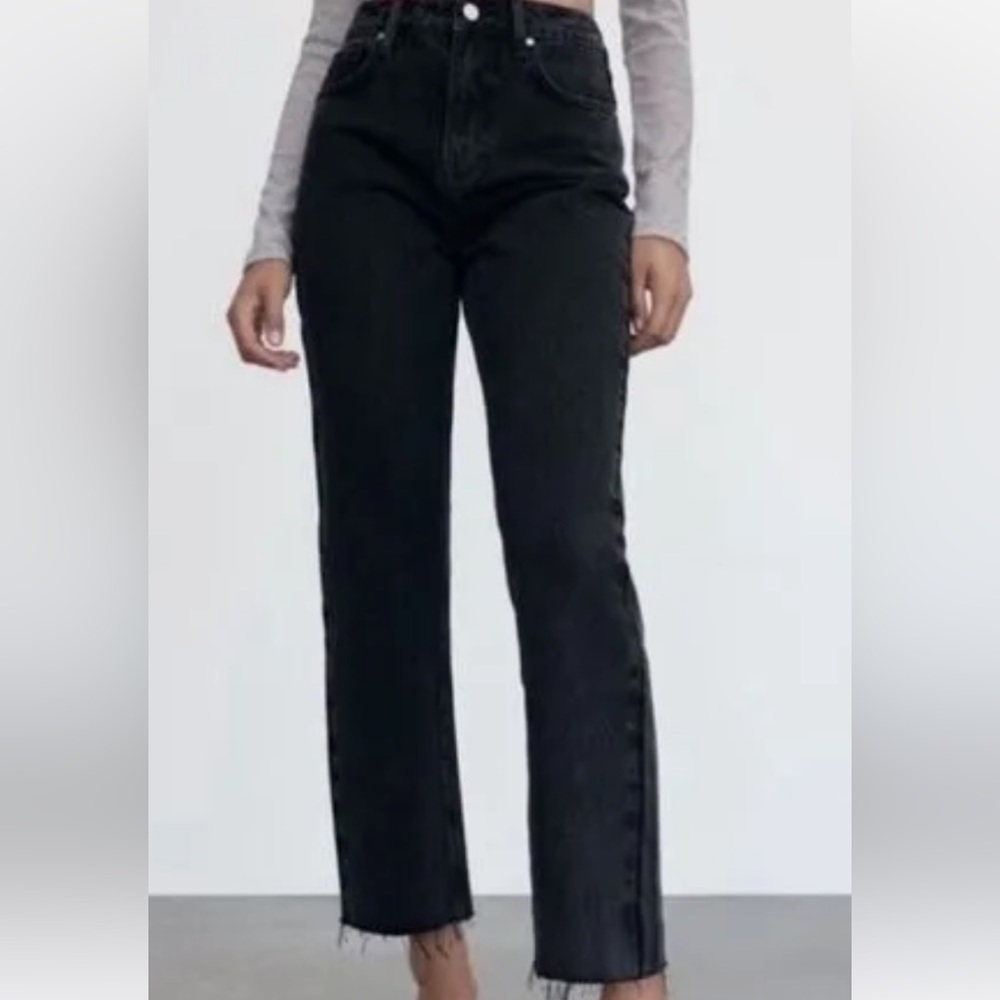 Zara Size 14 Black Jeans High Rise Straight Leg Button Fly Raw hem denim jeans